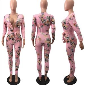 Women's Sexy Floral Deep V-Neck Long Sleeve Romper